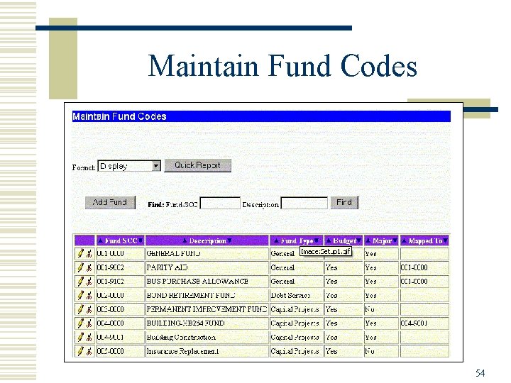 Maintain Fund Codes 54 