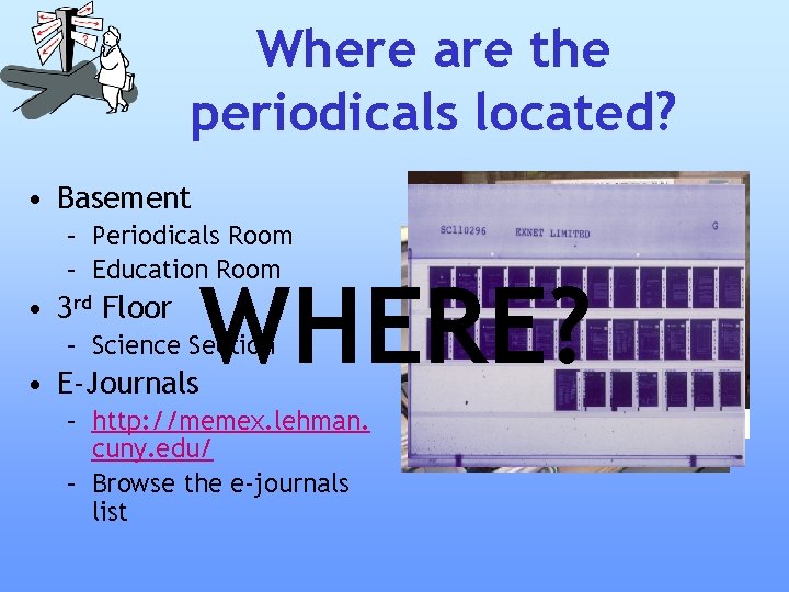 Where are the periodicals located? • Basement – Periodicals Room – Education Room •