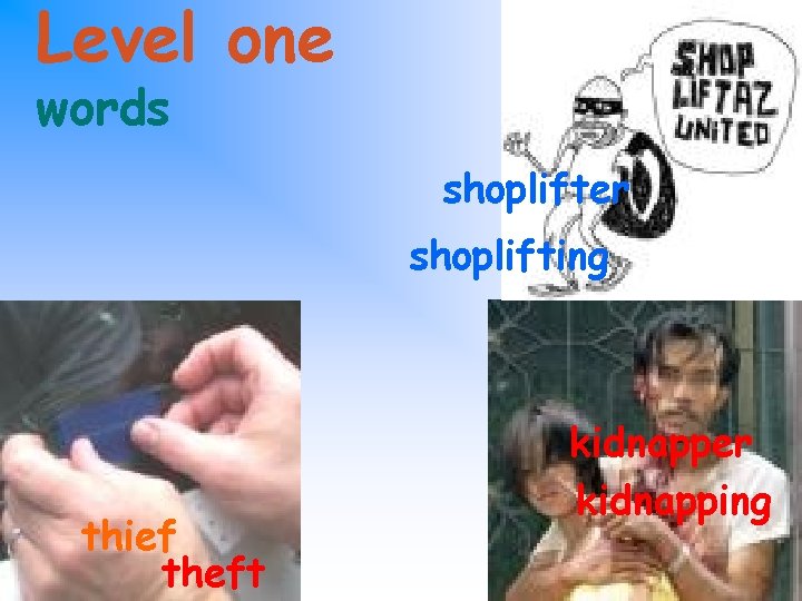 Level one words shoplifter shoplifting thief theft kidnapper kidnapping 