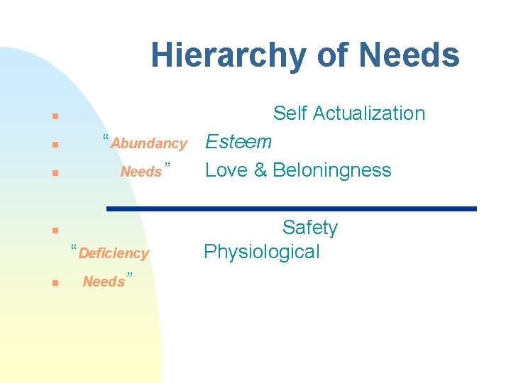 Hierarchy of Needs Self Actualization n “Abundancy Esteem Needs” Love & Beloningness n n