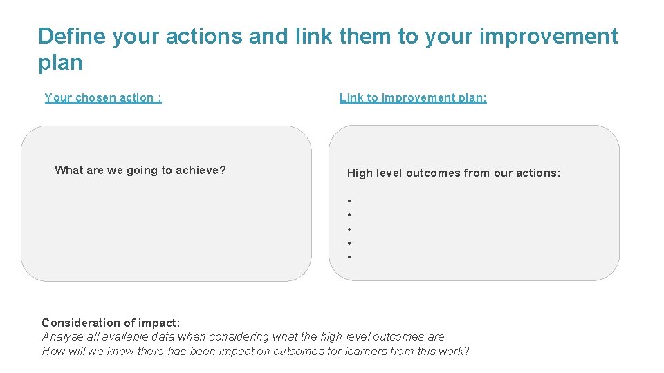 Define your actions and link them to your improvement plan Your chosen action :