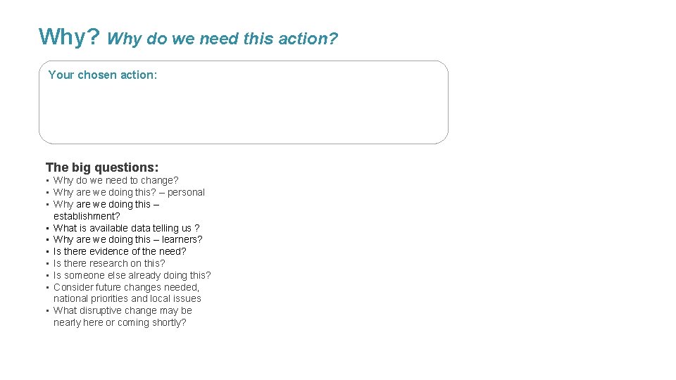 Why? Why do we need this action? Your chosen action: The big questions: •