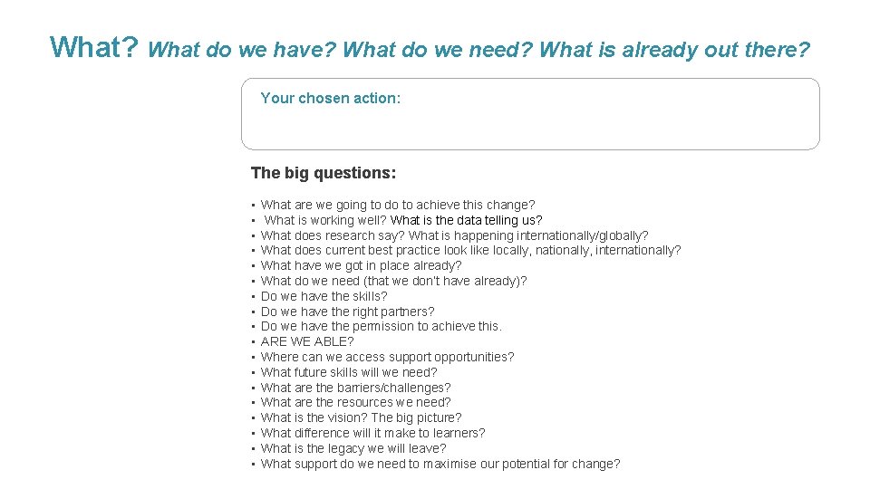 What? What do we have? What do we need? What is already out there?