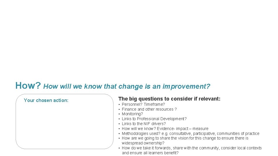 How? How will we know that change is an improvement? Your chosen action: The