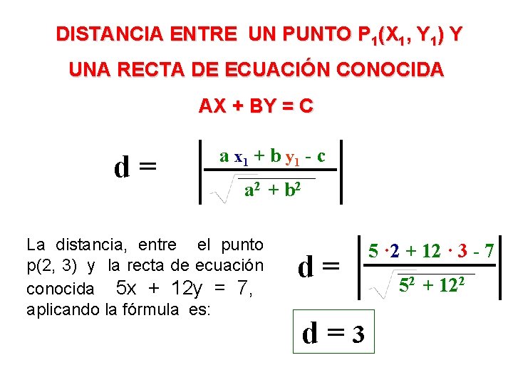 DISTANCIA ENTRE UN PUNTO P 1(X 1, Y 1) Y UNA RECTA DE ECUACIÓN