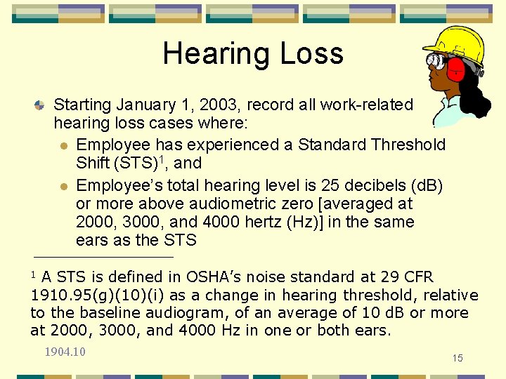 Hearing Loss Starting January 1, 2003, record all work-related hearing loss cases where: l