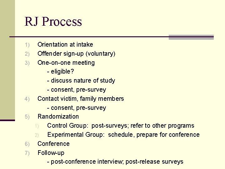 RJ Process 1) 2) 3) 4) 5) 6) 7) Orientation at intake Offender sign-up
