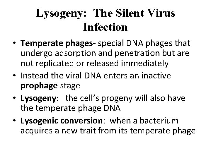 Lysogeny: The Silent Virus Infection • Temperate phages- special DNA phages that undergo adsorption