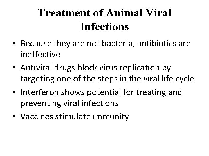 Treatment of Animal Viral Infections • Because they are not bacteria, antibiotics are ineffective