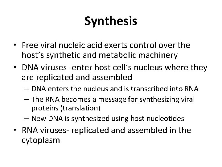 Synthesis • Free viral nucleic acid exerts control over the host’s synthetic and metabolic