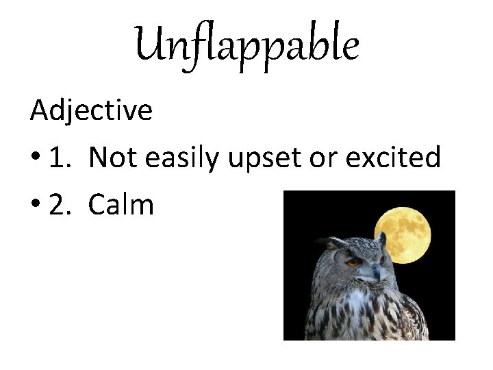 Unflappable Adjective • 1. Not easily upset or excited • 2. Calm 