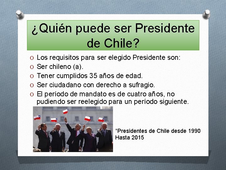 ¿Quién puede ser Presidente de Chile? O Los requisitos para ser elegido Presidente son: