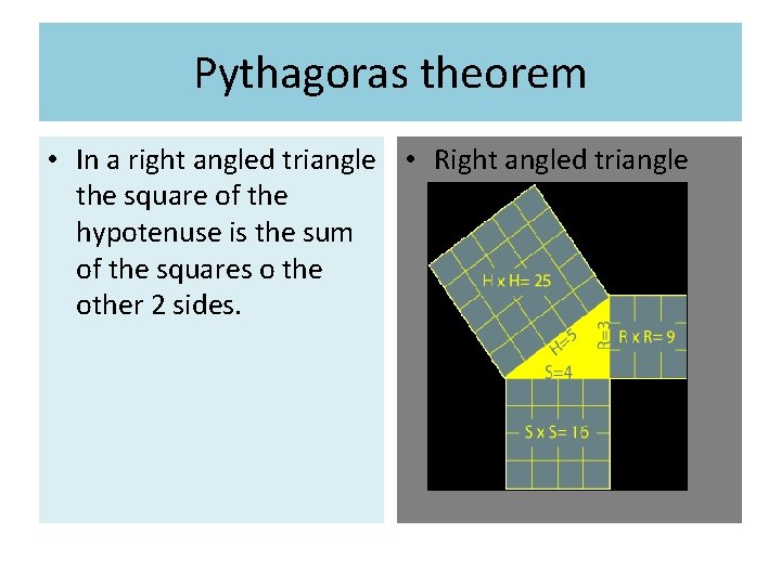 Pythagoras theorem • In a right angled triangle • Right angled triangle the square