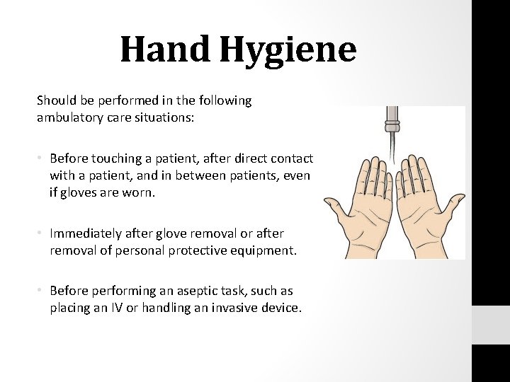 Hand Hygiene Should be performed in the following ambulatory care situations: • Before touching