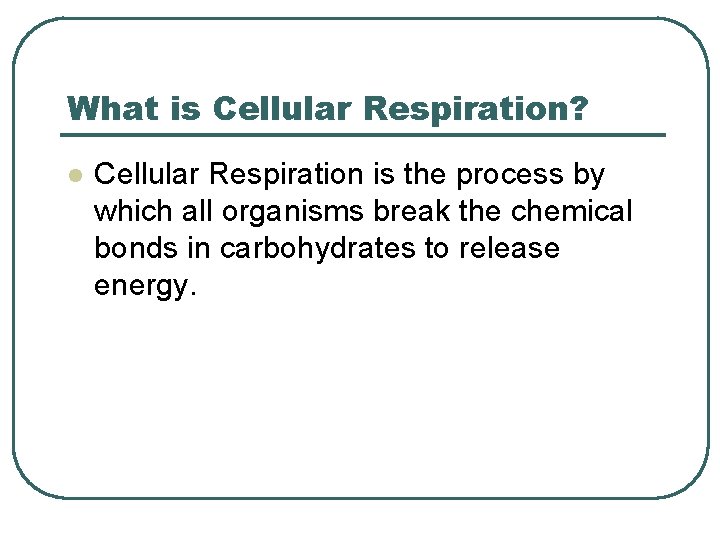 What is Cellular Respiration? l Cellular Respiration is the process by which all organisms