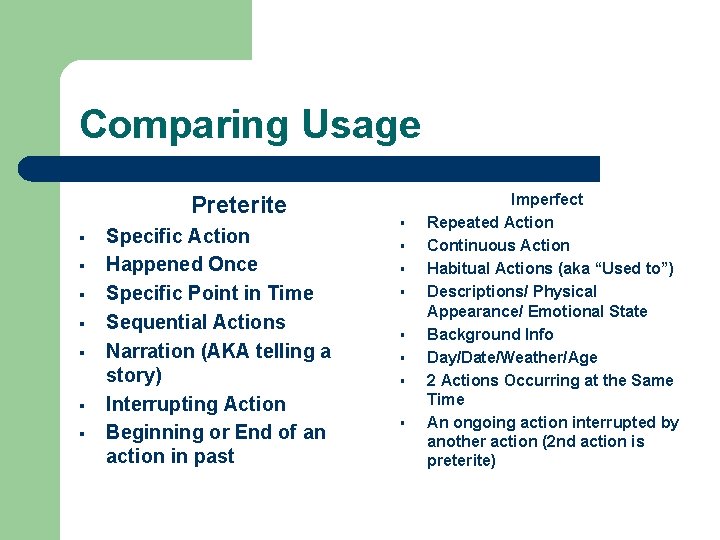 Comparing Usage Preterite § § § § Specific Action Happened Once Specific Point in