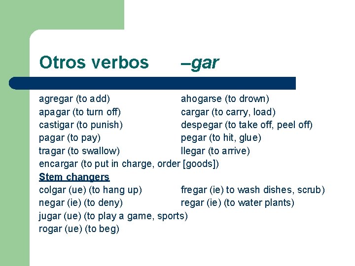 Otros verbos –gar agregar (to add) ahogarse (to drown) apagar (to turn off) cargar