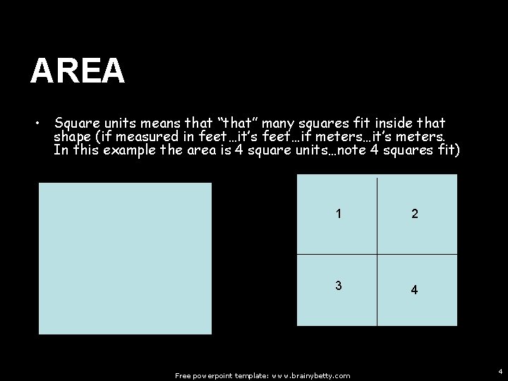 AREA • Square units means that “that” many squares fit inside that shape (if