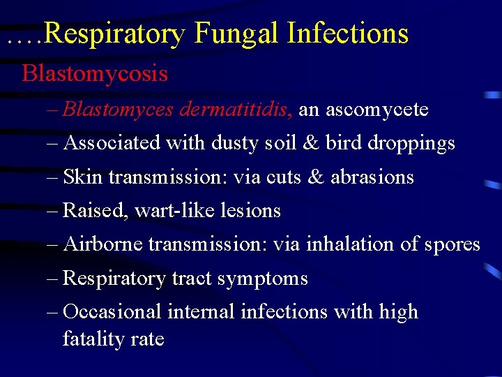 …. Respiratory Fungal Infections Blastomycosis – Blastomyces dermatitidis, an ascomycete – Associated with dusty