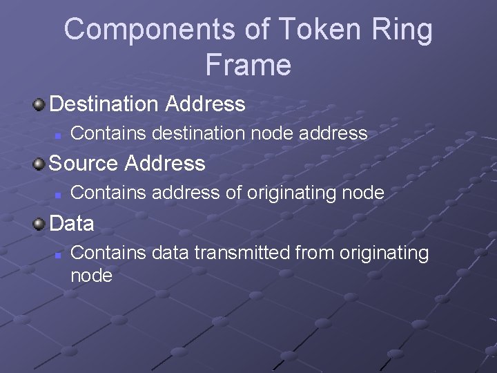 Components of Token Ring Frame Destination Address n Contains destination node address Source Address Components of Token Ring Frame Destination Address n Contains destination node address Source Address