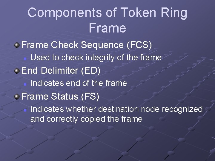 Components of Token Ring Frame Check Sequence (FCS) n Used to check integrity of Components of Token Ring Frame Check Sequence (FCS) n Used to check integrity of