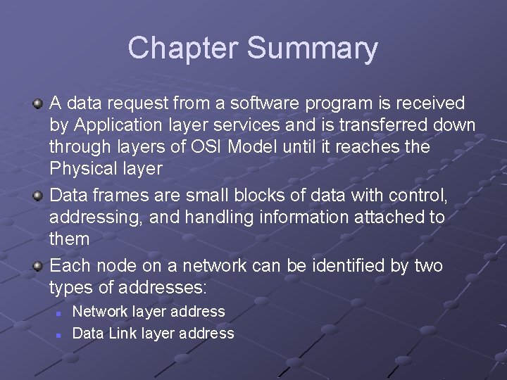 Chapter Summary A data request from a software program is received by Application layer Chapter Summary A data request from a software program is received by Application layer