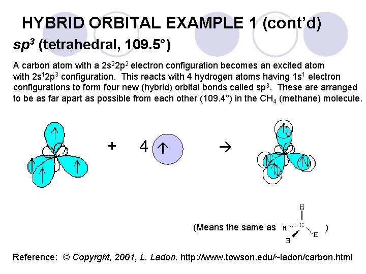 HYBRID ORBITAL EXAMPLE 1 (cont’d) sp 3 (tetrahedral, 109. 5°) + 4 A carbon HYBRID ORBITAL EXAMPLE 1 (cont’d) sp 3 (tetrahedral, 109. 5°) + 4 A carbon