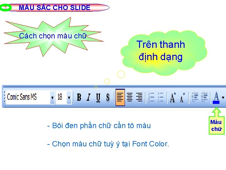 7 MÀU SẮC CHO SLIDE Cách chọn màu chữ Trên thanh định dạng Bôi