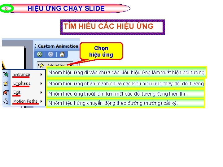 8 HIỆU ỨNG CHẠY SLIDE TÌM HIỂU CÁC HIỆU ỨNG Chọn hiệu ứng Nhóm