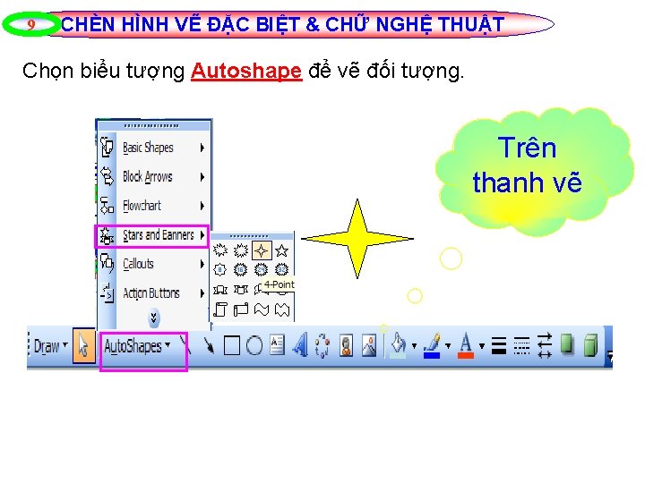 9 CHÈN HÌNH VẼ ĐẶC BIỆT & CHỮ NGHỆ THUẬT Chọn biểu tượng Autoshape