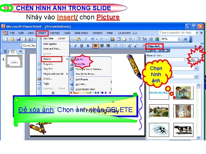 10 CHÈN HÌNH ẢNH TRONG SLIDE Nháy vào Insert/ chọn Picture Chọn hình ảnh