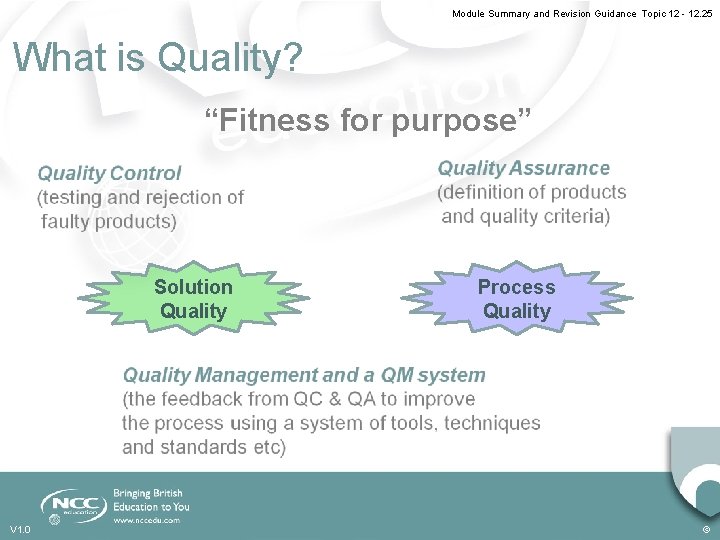 Module Summary and Revision Guidance Topic 12 - 12. 25 What is Quality? “Fitness