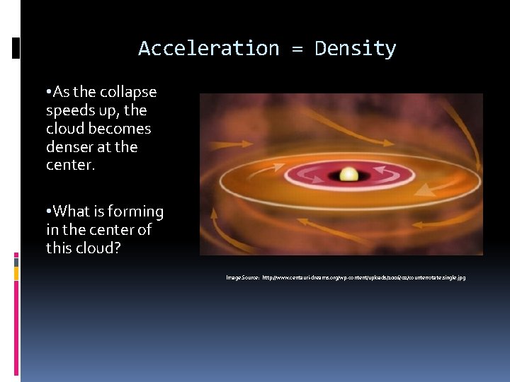 Acceleration = Density • As the collapse speeds up, the cloud becomes denser at