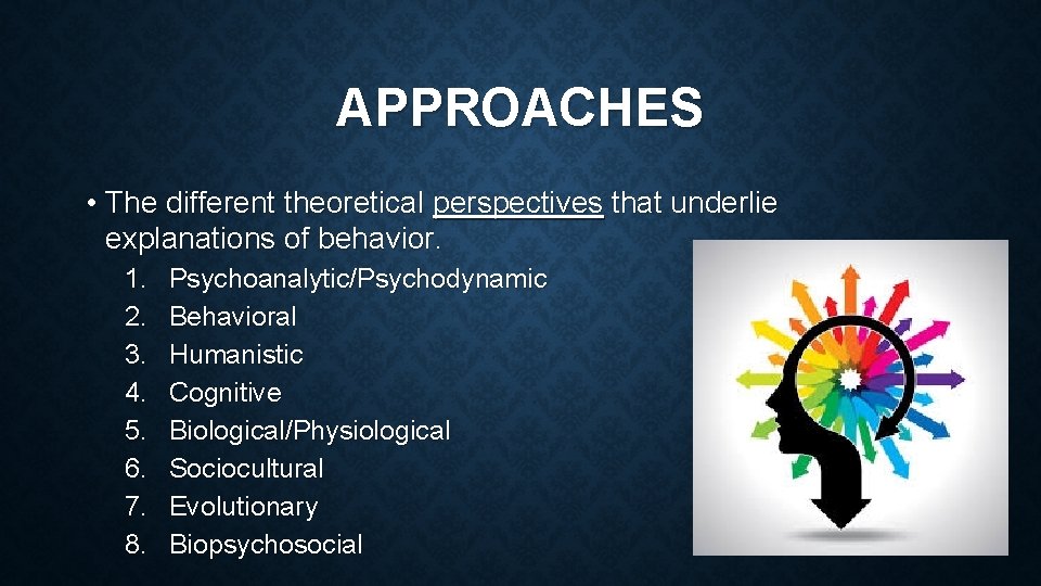 APPROACHES • The different theoretical perspectives that underlie explanations of behavior. 1. 2. 3.