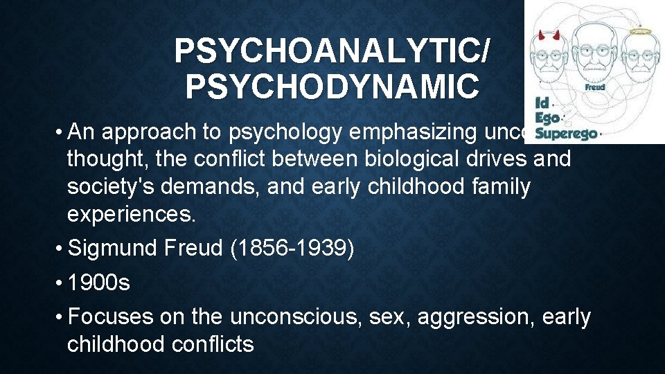 PSYCHOANALYTIC/ PSYCHODYNAMIC • An approach to psychology emphasizing unconscious thought, the conflict between biological