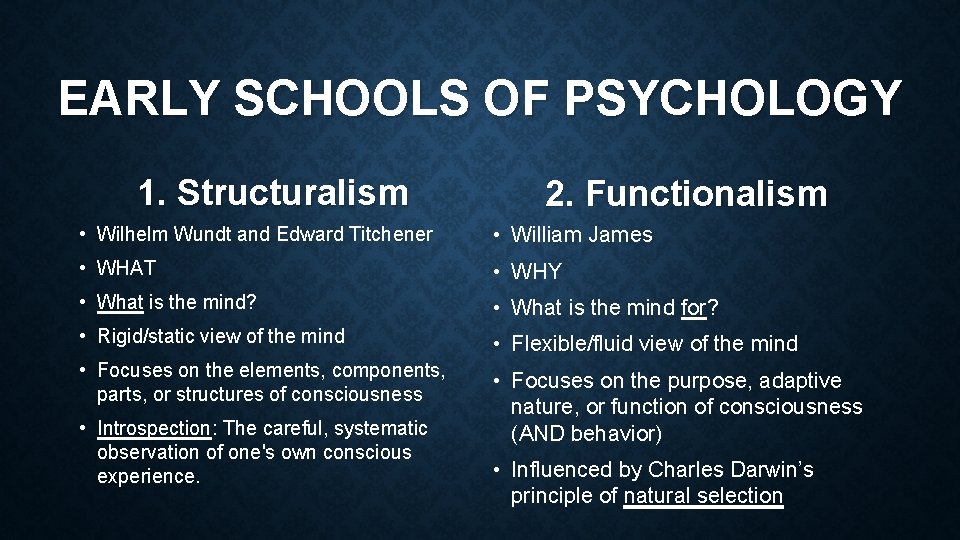 EARLY SCHOOLS OF PSYCHOLOGY 1. Structuralism 2. Functionalism • Wilhelm Wundt and Edward Titchener