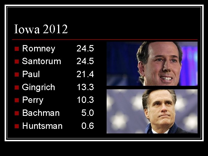 Iowa 2012 Romney n Santorum n Paul n Gingrich n Perry n Bachman n
