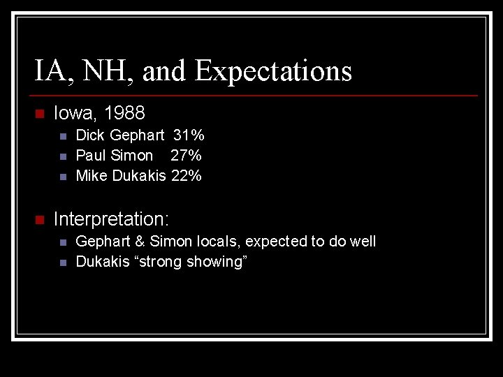 IA, NH, and Expectations n Iowa, 1988 n n Dick Gephart 31% Paul Simon