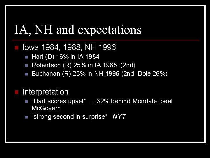 IA, NH and expectations n Iowa 1984, 1988, NH 1996 n n Hart (D)