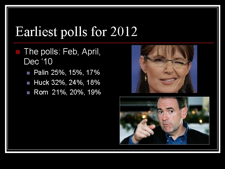 Earliest polls for 2012 n The polls: Feb, April, Dec ‘ 10 n n