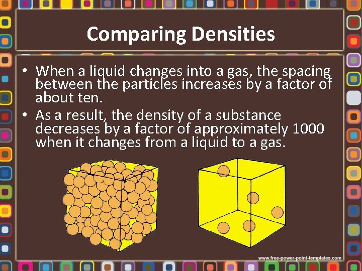 Comparing Densities • When a liquid changes into a gas, the spacing between the