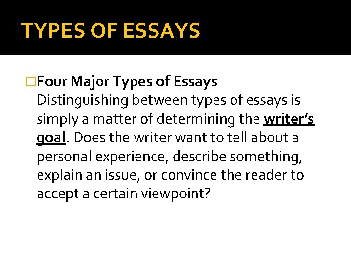 TYPES OF ESSAYS �Four Major Types of Essays Distinguishing between types of essays is