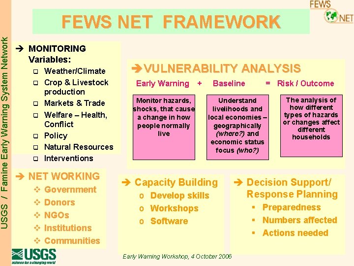 USGS / Famine Early Warning System Network FEWS NET FRAMEWORK è MONITORING Variables: q USGS / Famine Early Warning System Network FEWS NET FRAMEWORK è MONITORING Variables: q