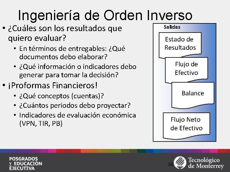 Ingeniería de Orden Inverso • ¿Cuáles son los resultados que quiero evaluar? • En