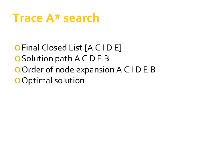 Trace A* search Final Closed List [A C I D E] Solution path A