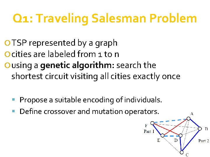 Q 1: Traveling Salesman Problem TSP represented by a graph cities are labeled from