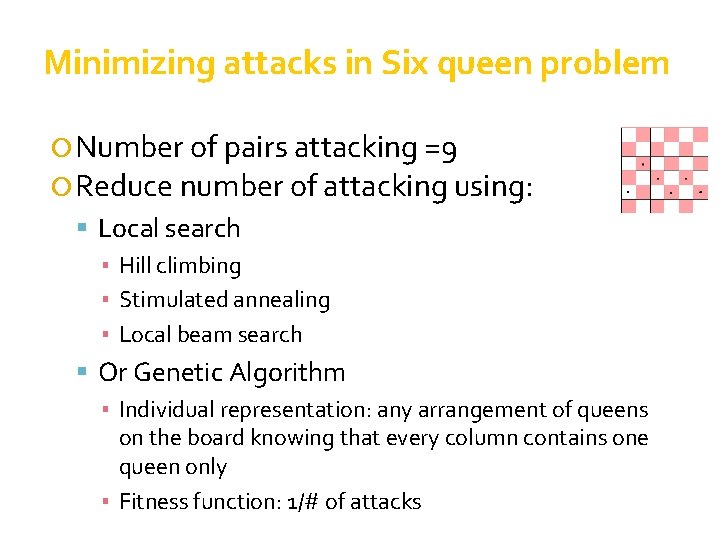 Minimizing attacks in Six queen problem Number of pairs attacking =9 Reduce number of