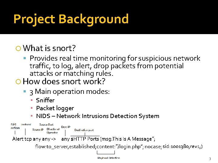Project Background What is snort? Provides real time monitoring for suspicious network traffic, to