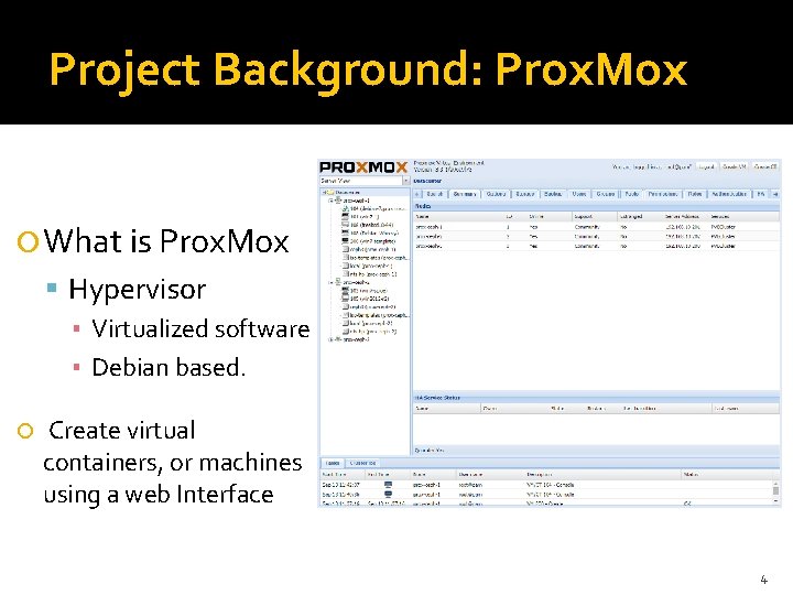 Project Background: Prox. Mox What is Prox. Mox Hypervisor ▪ Virtualized software ▪ Debian