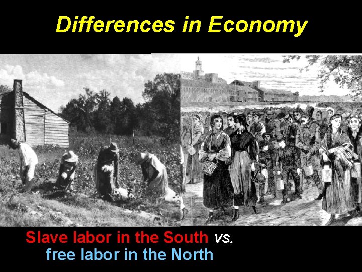 Differences in Economy Slave labor in the South vs. free labor in the North